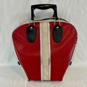 Vintage Red White Vinyl Bowling Ball Bag Tote Retro Zipper Handles Single Ball